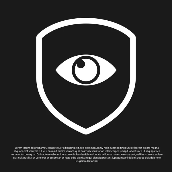 黑色盾牌和眼睛图标隔离在黑色背景上。安全、安全、保护、隐私理念。矢量插图 — 图库矢量图片