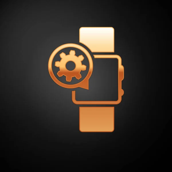 Oro Smartwatch y engranaje icono aislado sobre fondo negro. Ajustar la aplicación, concepto de servicio, opciones de configuración, mantenimiento, reparación, fijación. Ilustración vectorial — Archivo Imágenes Vectoriales