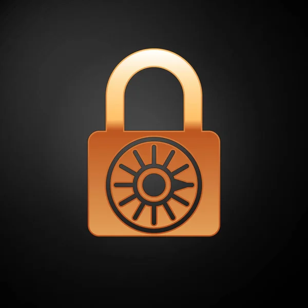Guld säker kombination lås hjulet ikonen isolerad på svart bakgrund. Kombinations hänglås. Säkerhet, säkerhet, skydd, lösenord, integritets koncept. Vektor illustration — Stock vektor