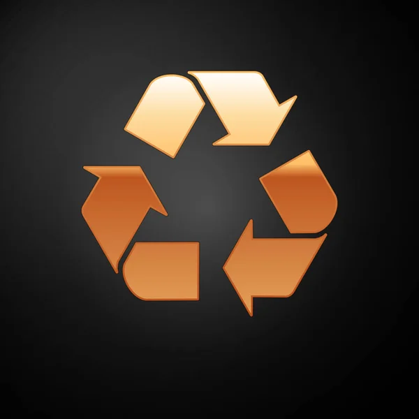 Gold Recycle Symbol Symbol isoliert auf schwarzem Hintergrund. Rundpfeil-Symbol. Umwelt recyclingfähig go green. Vektorillustration — Stockvektor