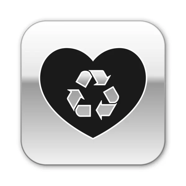 Schwarzes umweltfreundliches Herz-Symbol isoliert auf weißem Hintergrund. herz eco recyceln natur bio. Umweltkonzept. Silberner quadratischer Knopf. Vektorillustration — Stockvektor