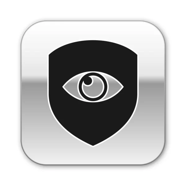 黑色盾牌和眼睛图标隔离在白色背景上。安全、安全、保护、隐私理念。银色方形按钮。矢量插图 — 图库矢量图片
