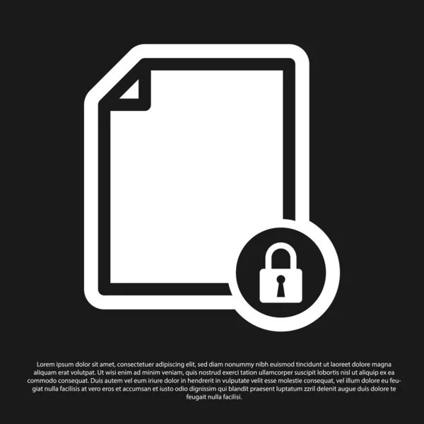 Documento negro e icono de bloqueo aislados sobre fondo negro. Formato de archivo y candado. Seguridad, seguridad, concepto de protección. Ilustración vectorial — Vector de stock