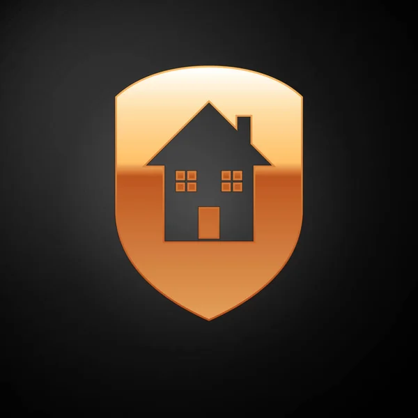 검은 색 배경에 고립 된 보호 아이콘 아래 골드 하우스. 집과 방패. 보호, 안전, 보안, 보호, 방어 개념. 벡터 일러스트레이션 — 스톡 벡터