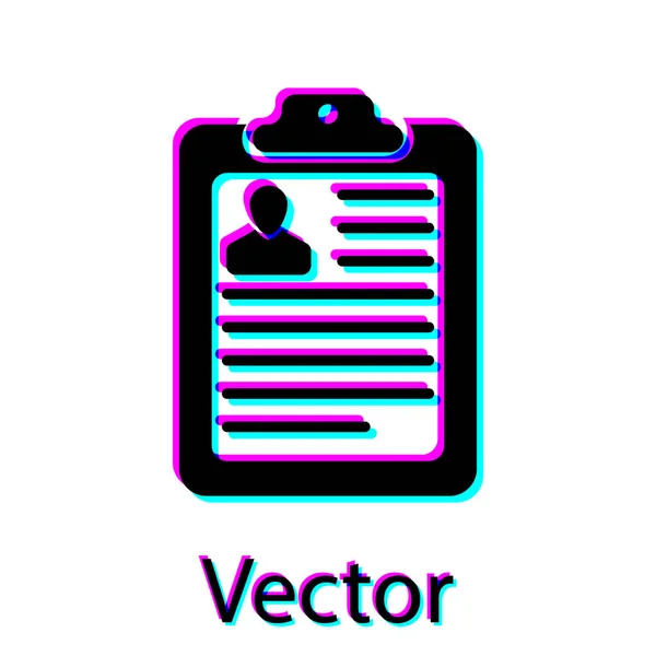 Clipboard preto com currículo e ícone silhueta homem isolado no fundo branco. Aplicação CV. Curriculum vitae, formulário de candidatura de emprego com conceito de foto de perfil. Ilustração vetorial — Vetor de Stock