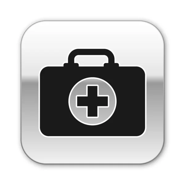 Black First aid kit icon isolated on white background. Medical box with cross. Medical equipment for emergency. Healthcare concept. Silver square button. Vector Illustration — Stock Vector