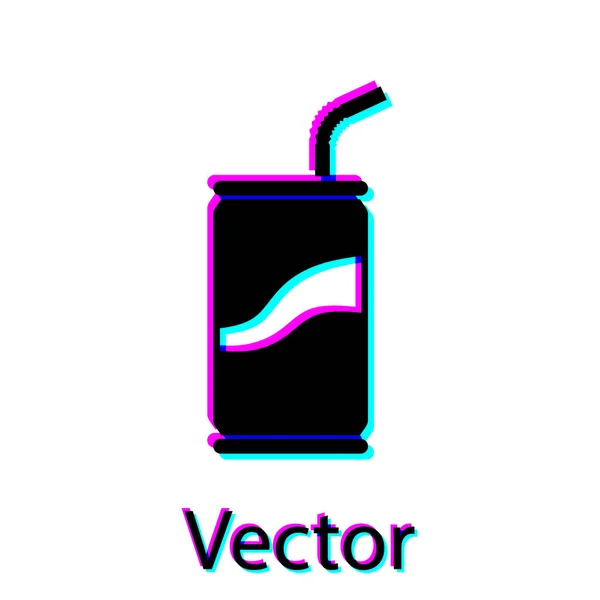Lata de soda preta com beber ícone de palha isolado no fundo branco. Ilustração vetorial —  Vetores de Stock