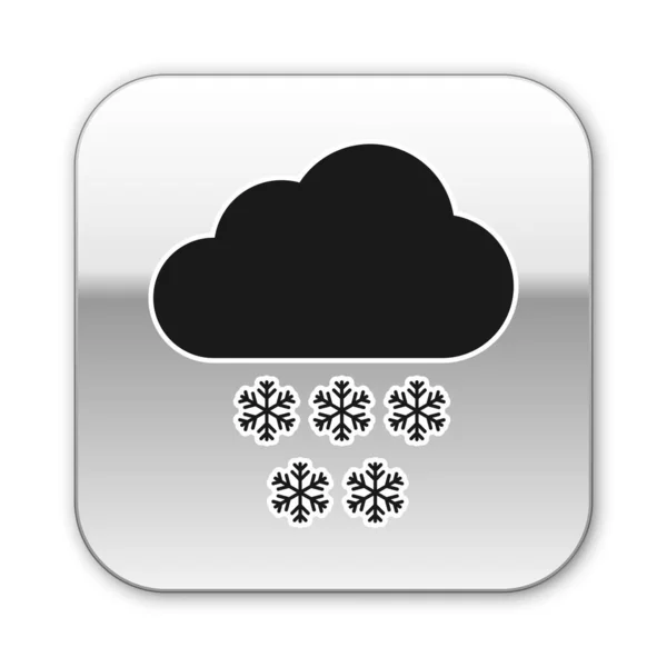 Μαύρο σύννεφο με εικονίδιο χιονιού απομονώνεται σε λευκό φόντο. Σύννεφο με χιονονιφάδες. Εικονίδιο μοναδικού καιρού. Η πινακίδα χιονίζει. Ασημί τετράγωνο κουμπί. Απεικόνιση διανυσματικών φορέων — Διανυσματικό Αρχείο