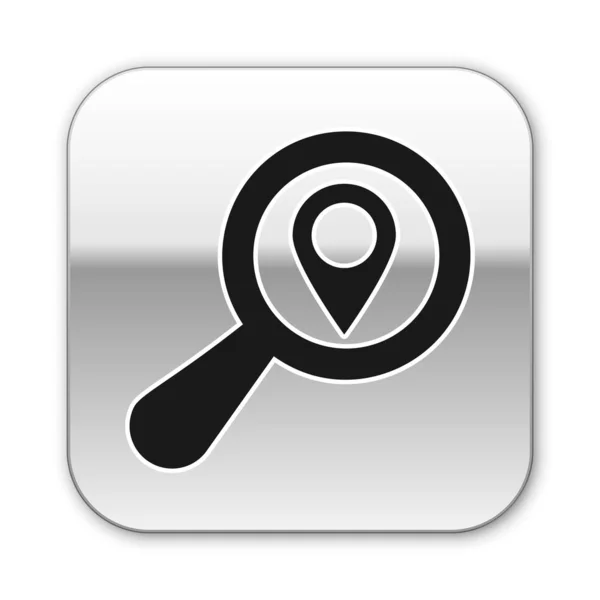 Black Search location icon isolated on white background. Magnifying glass with pointer sign. Silver square button. Vector Illustration — Stock Vector