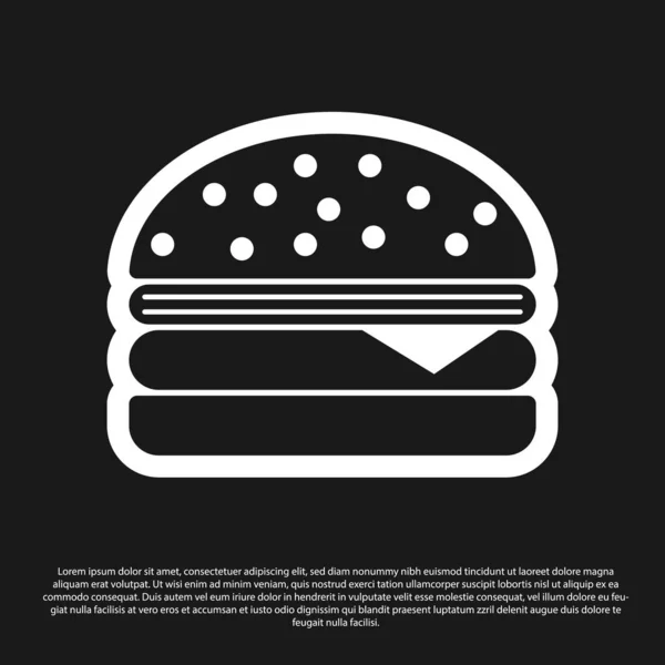 Ikon Burger hitam diisolasi pada latar belakang hitam. Ikon hamburger. Cheeseburger sandwich sign. Ilustrasi Vektor - Stok Vektor