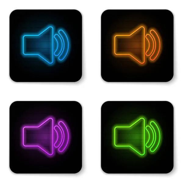 Ícone de volume alto-falante de néon brilhante - símbolo de som de voz de áudio, ícone de música de mídia isolado no fundo branco. Botão quadrado preto. Ilustração vetorial — Vetor de Stock