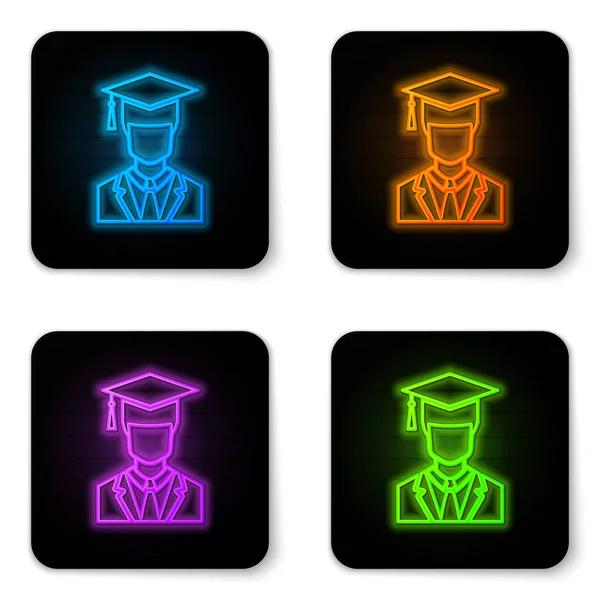 Fluo lumineux Profil d'étudiant diplômé masculin avec robe et icône de casquette de graduation isolé sur fond blanc. Bouton carré noir. Illustration vectorielle — Image vectorielle