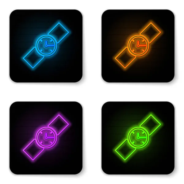 Leuchtende Neon-Armbanduhr-Symbol isoliert auf weißem Hintergrund. Armbanduhr-Symbol. schwarzer quadratischer Knopf. Vektorillustration — Stockvektor