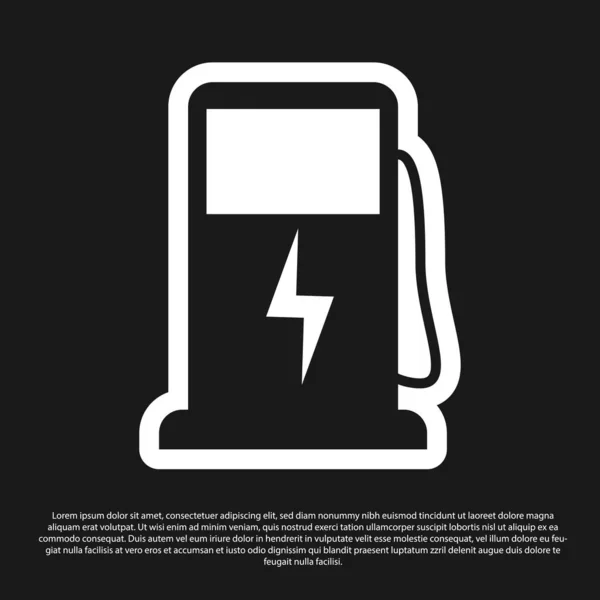Zwart elektrisch auto laadstation icoon geïsoleerd op zwarte achtergrond. Eco elektrische brandstof pomp teken. Vector illustratie — Stockvector