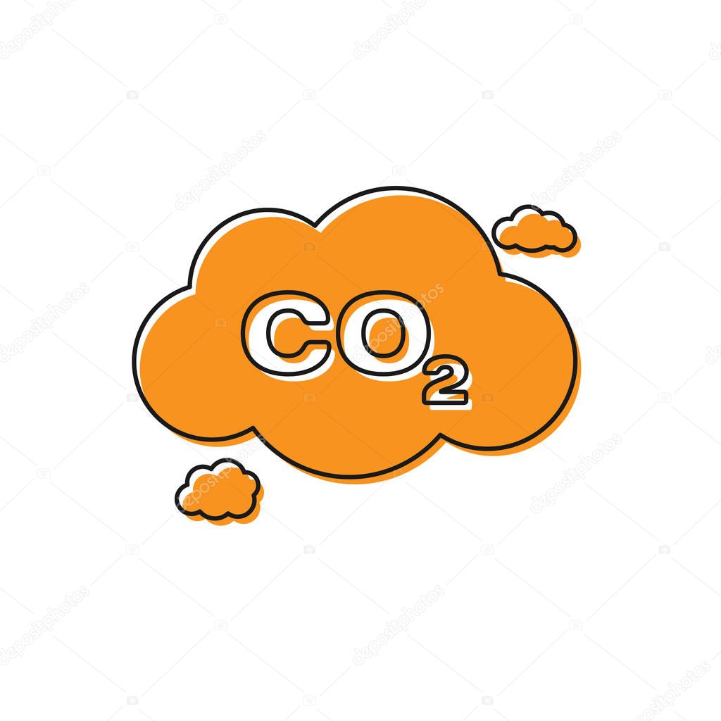Orange CO2 emissions in cloud icon isolated on white background. Carbon dioxide formula symbol, smog pollution concept, environment concept. Vector Illustration