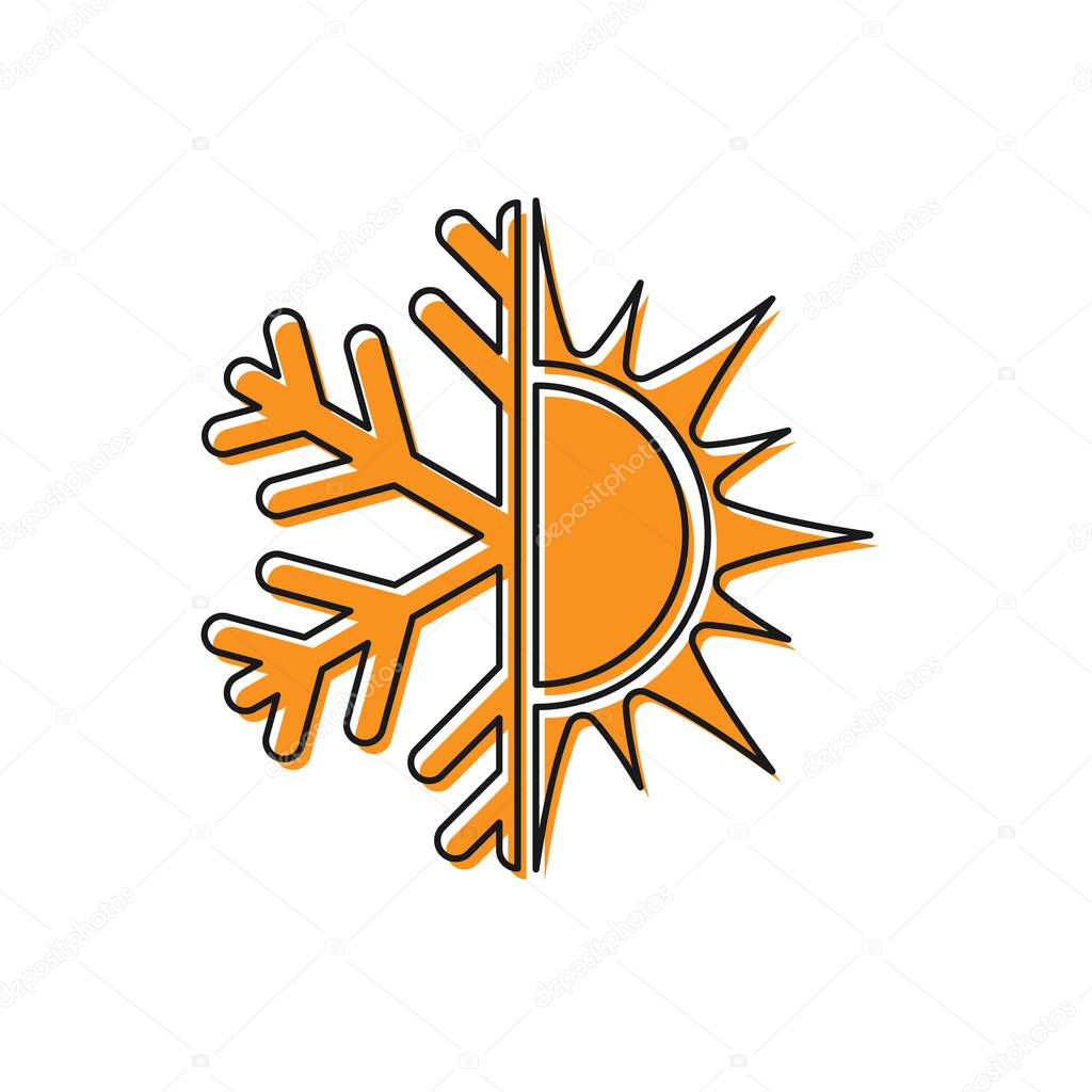 Orange Hot and cold symbol. Sun and snowflake icon isolated on white background. Winter and summer symbol. Vector Illustration