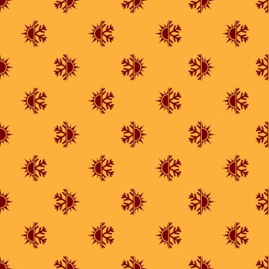 Kırmızı Sıcak ve soğuk sembolü. Güneş ve kar tanesi simgesi kahverengi arka plan üzerinde dikişsiz desen izole. Kış ve yaz sembolü. Düz tasarım. Vektör İllüstrasyonu