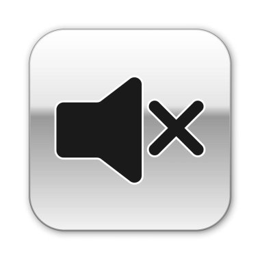 Siyah Hoparlör sessiz simgesi beyaz arka planda yalıtılmış. Ses simgesi yok. Ses Kapalı simgesi. Gümüş kare düğme. Vektör İllüstrasyonu