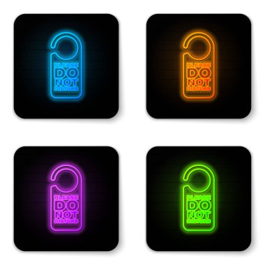 Parlayan neon Lütfen beyaz arka planda izole simgeyi rahatsız etmeyin. Otel Kapı Askısı Etiketleri. Siyah kare düğme. Vektör İllüstrasyonu