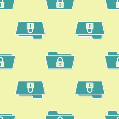 Yeşil Klasör ve kilit simgesi sarı arka plan üzerinde sorunsuz desen yalıtılmış. Kapalı klasör ve asma kilit. Güvenlik, güvenlik, koruma konsepti. Vektör İllüstrasyonu