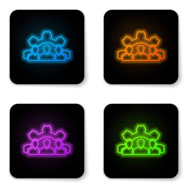 Beyaz arka planda yalıtılmış parlayan neon Project takım taban simgesi. İş analizi ve planlaması, danışmanlık, ekip çalışması, proje yönetimi. Geliştiriciler. Siyah kare düğme. Vektör İllüstrasyonu