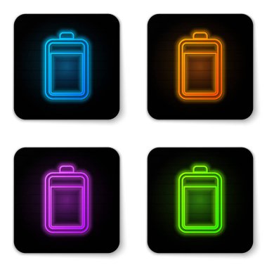 Beyaz arka planda yalıtılmış parlayan neon Pil simgesi. Siyah kare düğme. Vektör İllüstrasyonu