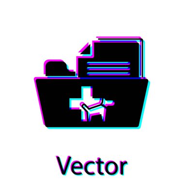 Siyah Medikal veteriner kayıt klasörü simgesi beyaz arka planda yalıtılmış. Köpek ya da kedi pençesi izi. Evcil hayvan için belge. Hasta dosya simgesi. Vektör İllüstrasyonu