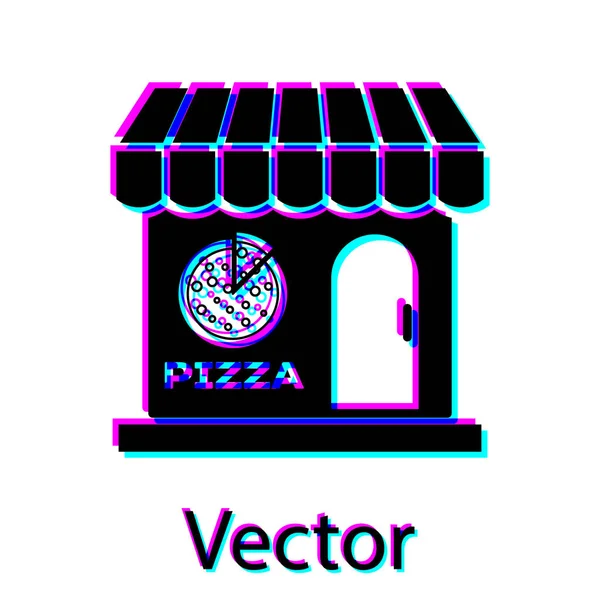 Ikona černé pizzerie v budově fasáda izolovaná na bílém pozadí. V pizzerii Fast Food. Vektorová ilustrace — Stockový vektor