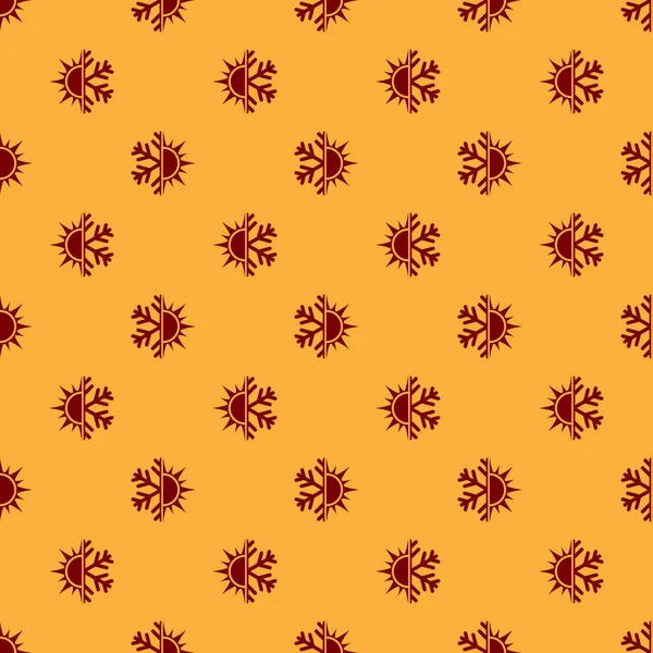 Röd varm och kall symbol. Sol och snowflake Icon isolerade sömlösa mönster på brun bakgrund. Vinter-och sommar symbol. Platt design. Vektor illustration — Stock vektor
