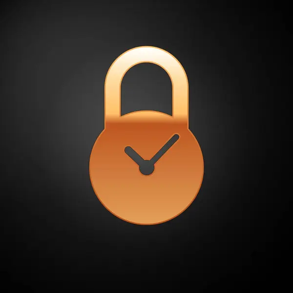 Zlatý Vislock s ikonou hodin izolovanou na černém pozadí. Koncepce kontroly času. Zámek a odpočítávání, uzávěrka, plán, symbol plánování. Vektorová ilustrace — Stockový vektor