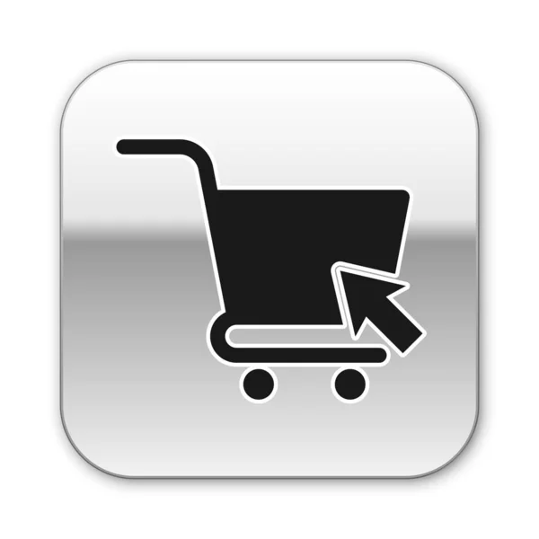 Carrito negro con icono de cursor aislado sobre fondo blanco. Concepto de compra en línea. Señal de entrega. Símbolo de cesta de supermercado. Botón cuadrado plateado. Ilustración vectorial — Vector de stock