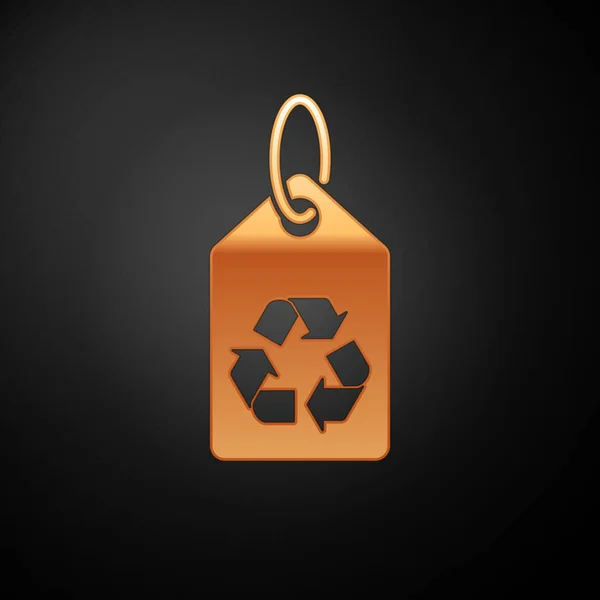 Etiqueta de ouro com ícone de símbolo de reciclagem isolado no fundo preto. Banner, etiqueta, etiqueta, logotipo, adesivo para verde eco. Ilustração vetorial —  Vetores de Stock