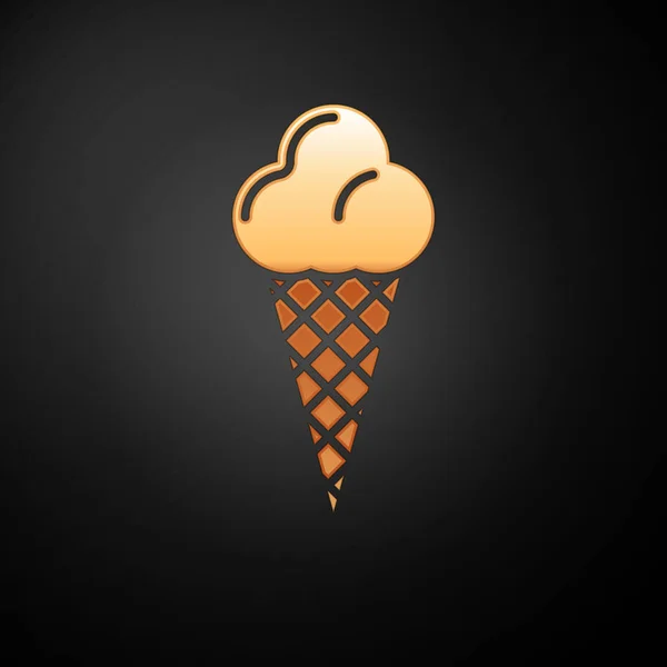 Zlatá zmrzlina na ikoně Vaflové kužele izolovaná na černém pozadí. Sladký symbol. Vektorová ilustrace — Stockový vektor