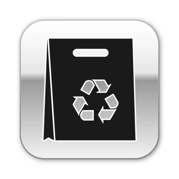 Schwarze Einkaufstasche aus Papier mit Recycling-Symbol auf weißem Hintergrund. Tasche mit Recycling-Symbol. Silberner quadratischer Knopf. Vektorillustration — Stockvektor