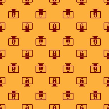 Bilgisayar monitörü ekran simgesi kırmızı kilit kahverengi arka plan üzerinde sorunsuz desen izole. Monitör ve asma kilit. Güvenlik, güvenlik, koruma konsepti. Güvenli internet çalışması. Vektör İllüstrasyonu