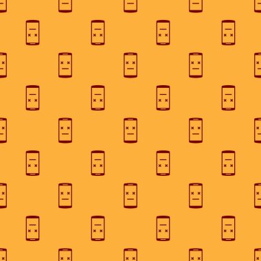 Red Dead telefon simgesi kahverengi arka plan üzerinde sorunsuz desen izole. Vefat eden dijital cihaz emoji sembolü. Yüz duygularını gösteren ceset akıllı telefonu. Düz tasarım. Vektör İllüstrasyonu