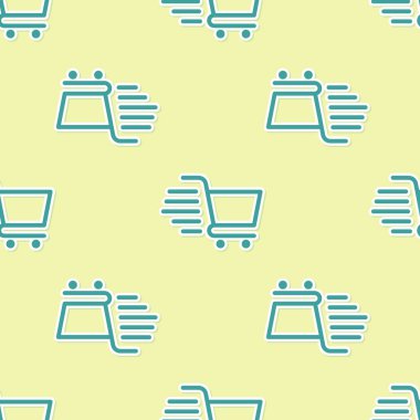 Yeşil alışveriş arabası ikonu sarı arka planda izole edilmiş pürüzsüz desen. İnternetten satın alma konsepti. Servis tabelası. Süpermarket sepeti sembolü. Vektör İllüstrasyonu