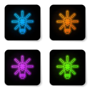 Beyaz arka plan üzerinde izole dişli ve dolar sembolü simgesi ile Parlayan neon Ampul. Fintech yenilik konsepti. Siyah kare düğme. Vektör İllüstrasyonu