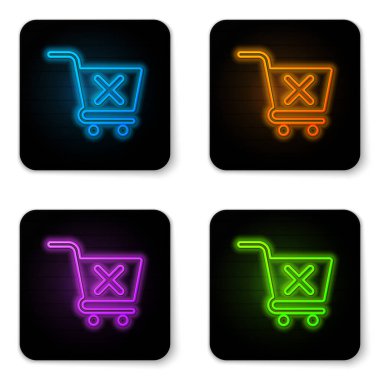 Parlayan neon Beyaz arka planda yalıtılmış alışveriş sepeti simgesini kaldırın. Online satın alma konsepti. Teslimat hizmeti işareti. Süpermarket sepeti ve X işareti sembolü. Siyah kare düğme. Vektör İllüstrasyonu