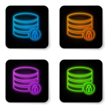 Beyaz arka planda yalıtılmış kapalı asma kilit simgesiile parlayan neon Server güvenliği. Veritabanı ve kilit. Güvenlik, güvenlik, koruma konsepti. Siyah kare düğme. Vektör İllüstrasyonu