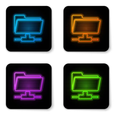 Beyaz arka planda parlayan neon Ftp klasör simgesi. Yazılım güncellemesi kavramı, ftp transfer protokolü, yönlendirici, takım çalışması araç yönetimi, kopyalama süreci, bilgi. Siyah kare düğme. Vektör İllüstrasyonu