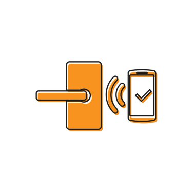 Beyaz arka planda yalıtılmış simge kilidini açmak için kablosuz teknolojiye sahip Turuncu Dijital kapı kilidi. Kapı kolu işareti. Kavramın güvenlik akıllı ev. Vektör İllüstrasyonu
