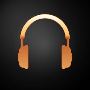 Siyah arka planda yalıtılmış Altın Kulaklık simgesi. Kulaklık işareti. Müzik, servis, iletişim ve operatör dinleme için kavram nesnesi. Vektör İllüstrasyonu