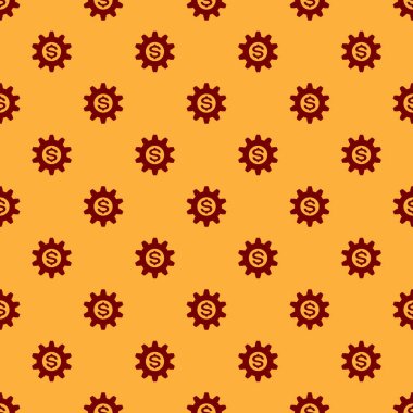 Kırmızı Dişli dolar sembolü simgesi ile kahverengi arka plan üzerinde dikişsiz desen izole. İş ve finans kavramsal simgesi. Vektör İllüstrasyonu