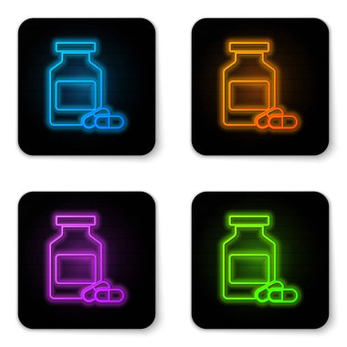 Parlayan neon Tıp şişe ve hap simgesi beyaz arka plan üzerinde izole. Şişe hapı işareti. Eczane tasarımı. Siyah kare düğme. Vektör İllüstrasyonu