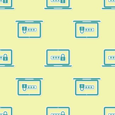 Yeşil Laptop ile şifre bildirimi ve kilit simgesi sarı arka plan üzerinde sorunsuz desen izole. Güvenlik kavramı, kişisel erişim, kullanıcı yetkilendirme, giriş formu. Vektör İllüstrasyonu