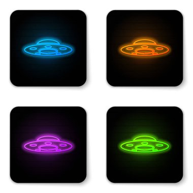 Beyaz arka planda izole parlayan neon Ufo uçan uzay gemisi simgesi. Uçan. Uzaylı uzay gemisi. Fütüristik bilinmeyen uçan nesne. Siyah kare düğme. Vektör İllüstrasyonu