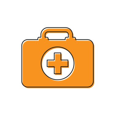 Turuncu İlk yardım kiti simgesi beyaz arka plan üzerinde izole. Haçlı tıbbi kutu. Acil durum için tıbbi ekipman. Sağlık konsepti. Vektör İllüstrasyonu