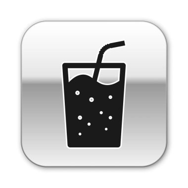 Beyaz arka plan üzerinde izole su simgesi ile Siyah Cam. Soda, pipetli bardak içilir. Taze soğuk içecek sembolü. Gümüş kare düğme. Vektör İllüstrasyonu