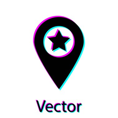 Beyaz arka planda yalıtılmış yıldız simgesi ne şrıolan Siyah Harita işaretçisi. Yıldız favori pin harita simgesi. Harita işaretleri. Vektör İllüstrasyonu